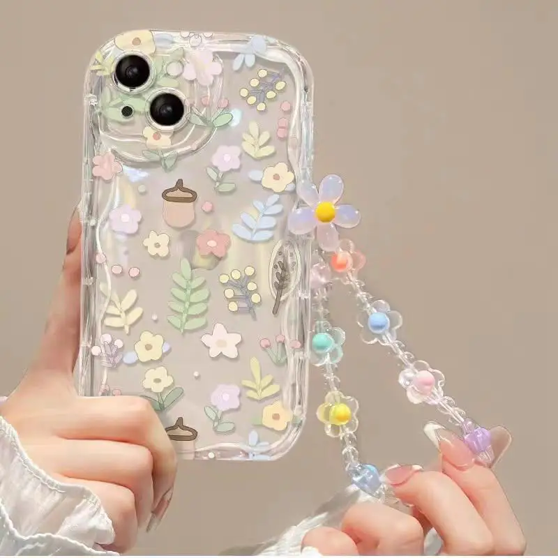 Funda para iPhone 17 16 15 Pro Max 14 11 13 12 Mini Plus 16E 17 Air iPhone17 con correa de muñeca con flor y pulsera 2