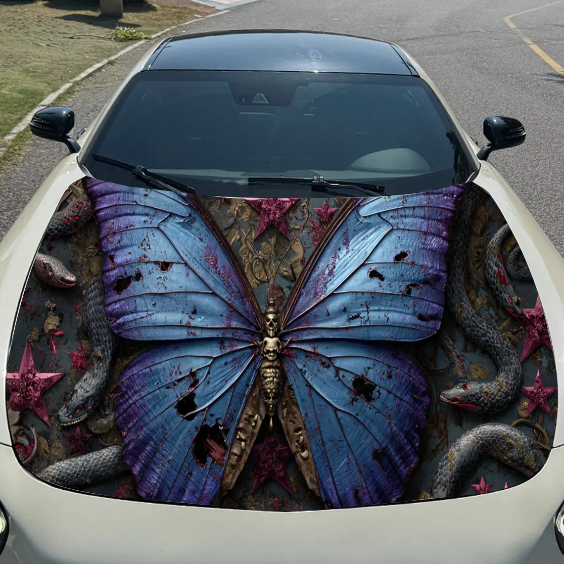 Striking Purple Butterfly Car Hood Stickers - Self-Adhesive, Waterproof and Durable Vinyl Wrap, Decorate And Protect Your Car, F view 3
