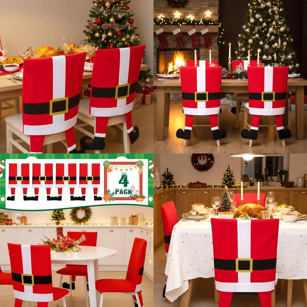 

Set of 4 Christmas Santa Chair Covers with Legs - Red, Black, White for Holiday Dining & Kitchen Decor