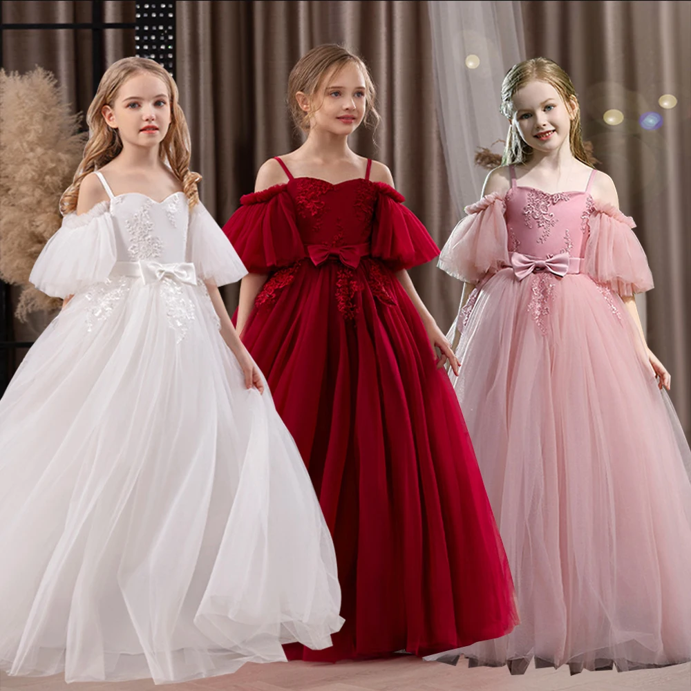

Вечернее платье с открытыми плечами для девочек, белое кружевное сетчатое платье с аппликацией, Vestidos, бальное платье принцессы для дня рождения, выпускного вечера, свадьбы, с цветочным узором для девочек, От 8 до 14 лет