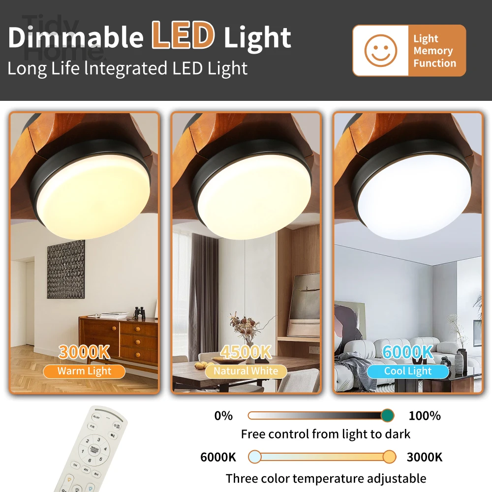 52 "3 solid wood leaf ceiling fan with lights,Multi-functional remote control AND QUIET Ceiling Fan,fit FOR LIVING ROOM/BEDROOM