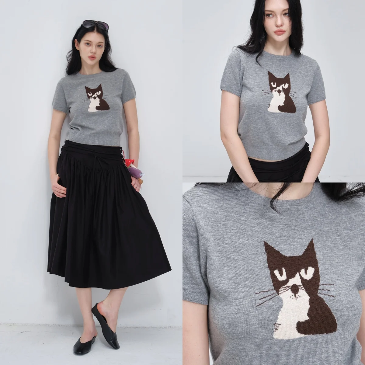 

Retro Style Cute Cat Jacquard Short-Sleeved Knitwear for Women, Suitable for All Seasons, Slim-Fitting Short Style, Waist-Revealing Slimming Gray Top, Jacquard Knitwear Retro T-Shirt