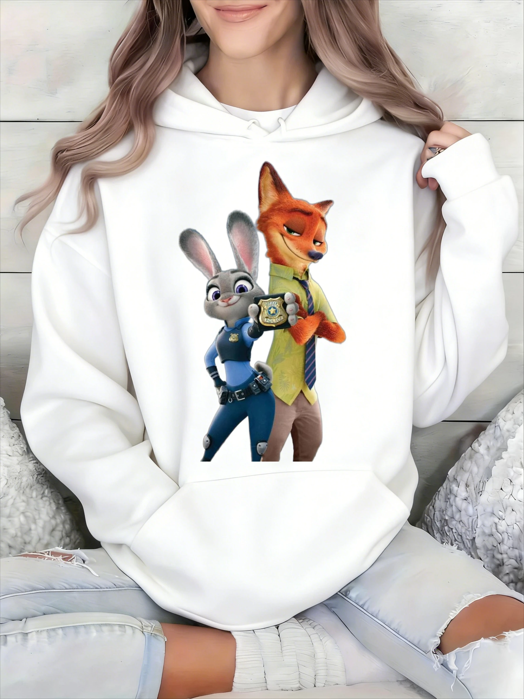 

Белая хлопковая толстовка с капюшоном Disney Zootopia с принтом Ника Уайлда и Джуди Хоппс, повседневная толстовка с длинными рукавами и мультяшным принтом для женщин
