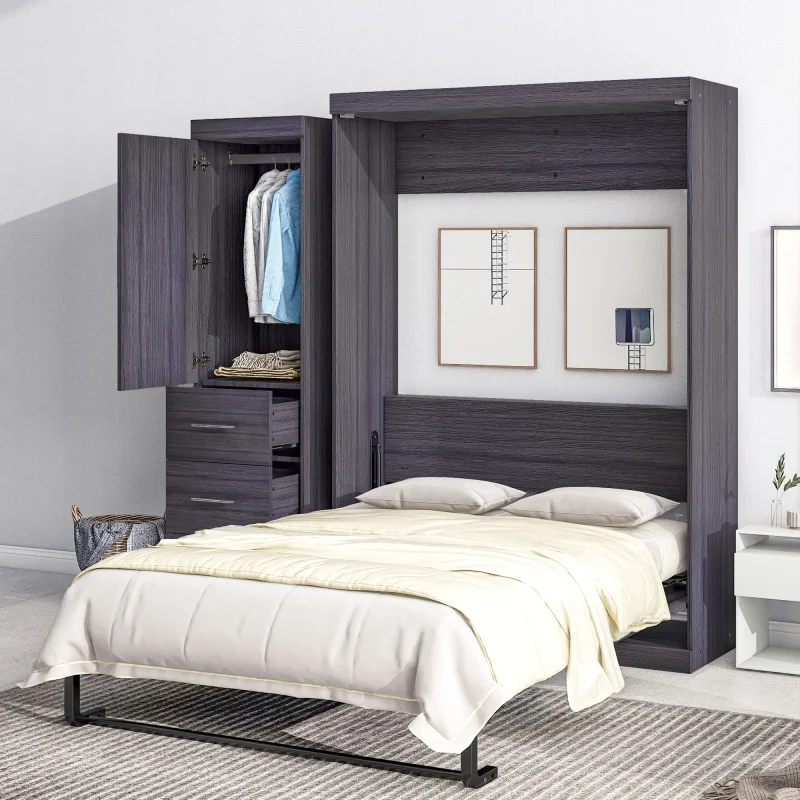 

Full-Size Vertical Murphy Bed Space-Saving Folding Wall Bed with Wardrobe and Drawerspromote sales