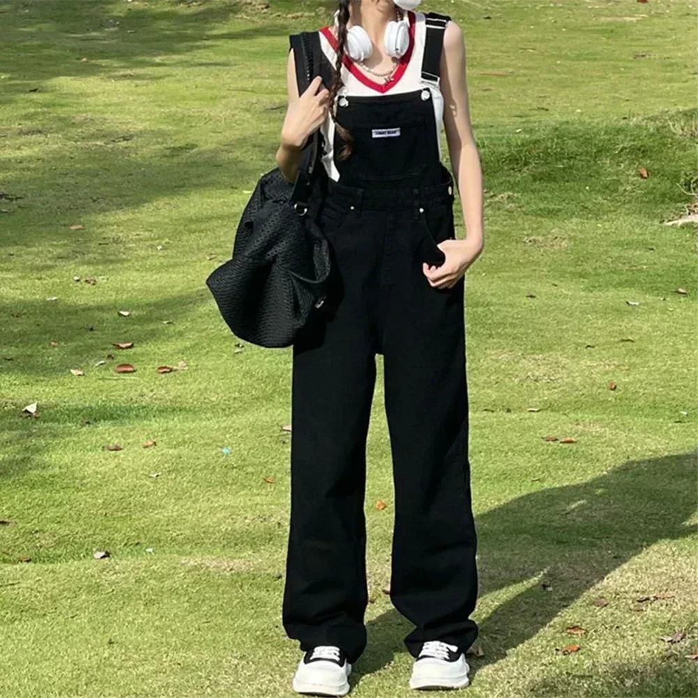 

Черные однотонные комбинезоны для женщин, свободные винтажные уличные комбинезоны с широкими штанинами, женские джинсовые комбинезоны, уличная одежда