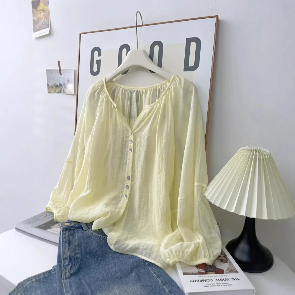 Women's Elastic Round Neck Half Button Blouse, Gathered Neckline Puff Cuff Lantern Long Sleeve Crinkle Texture Casual Shirt