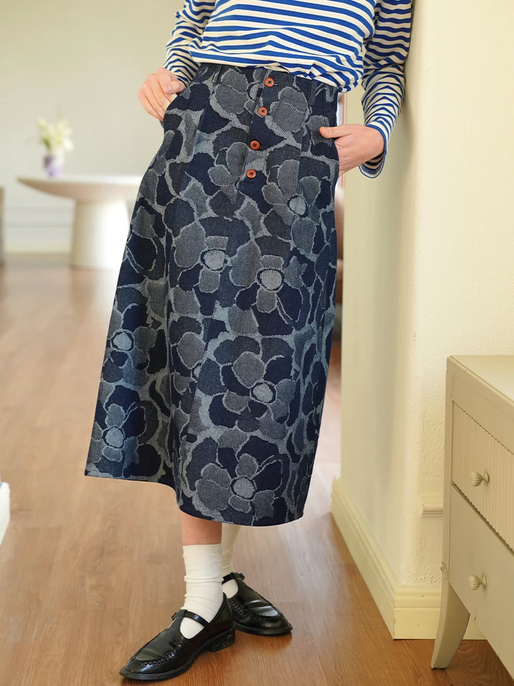 

Джинсовая юбка-карандаш цвета экрю с высокой талией, пуговицами и эффектом стройности, винтажная, с цветочным принтом, длинная, А-силуэт, для женщин 20-х лет