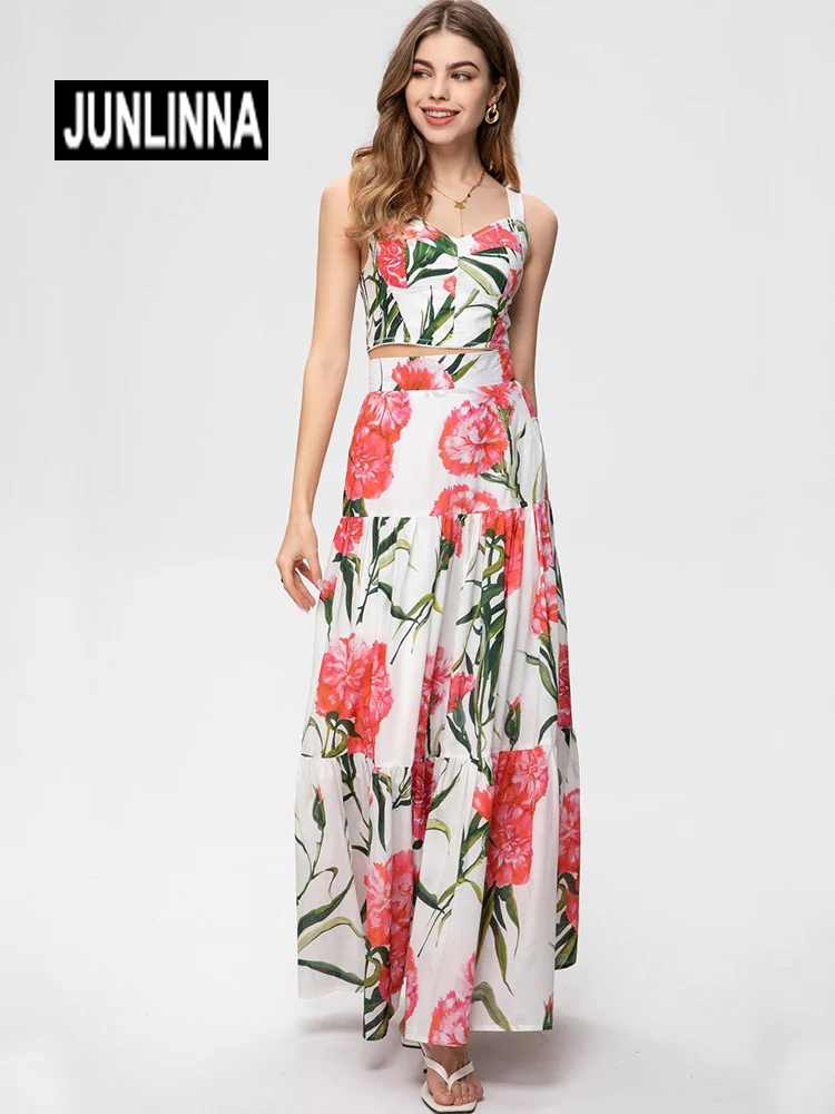 JUNLINNA Fashion Runway Two Piece Set Short Camisole Top+Hal Dress Flower Printed Skirt Suit Beach Holiday