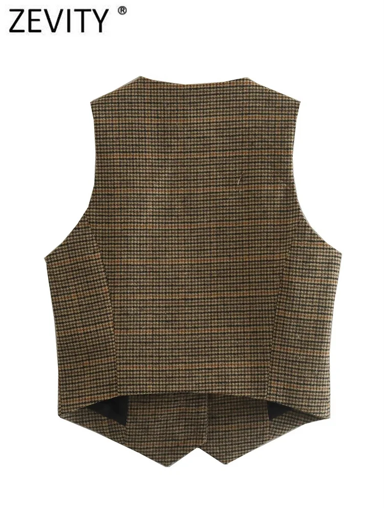 Zevity New Women Vintage V Neck Houndstooth Print Breasted Slim Short Vest Jacket Ladies Sleeveless Casual WaistCoat Tops CT3053