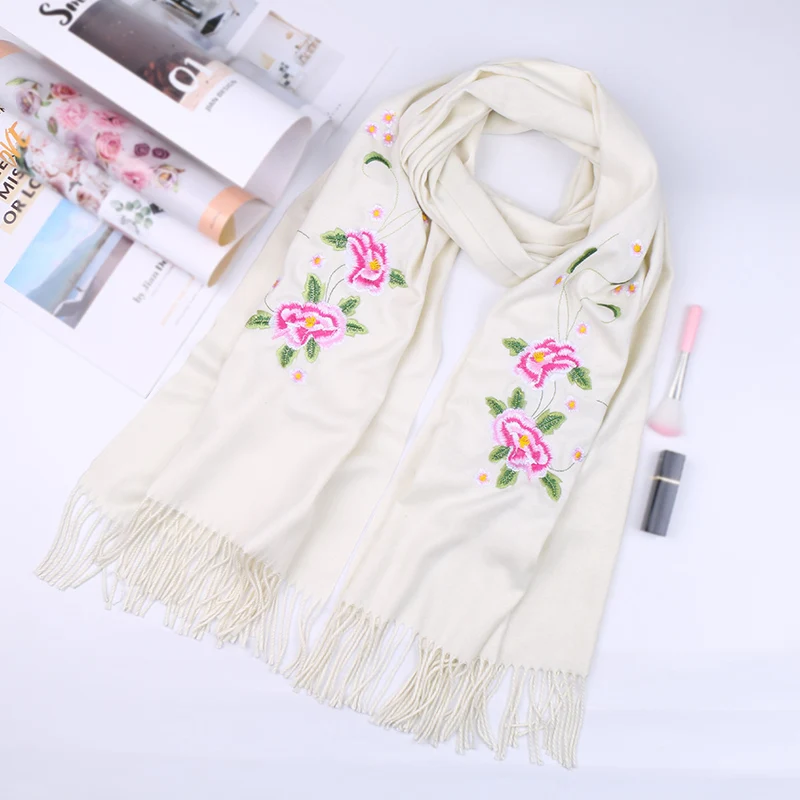 Winter Imitation Cashmere Scarf Embroidered Floral Pashmina Solid Tassal Wraps For Women Elegant Blanket Warm Shawl 200*70cm