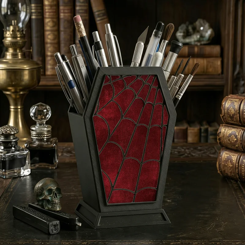 Burgundy Velvet Spider Web Coffin Pen Holder Gothic Dark Style Desktop Pencil Organizer Witchy  Storage Halloween Decor Gift
