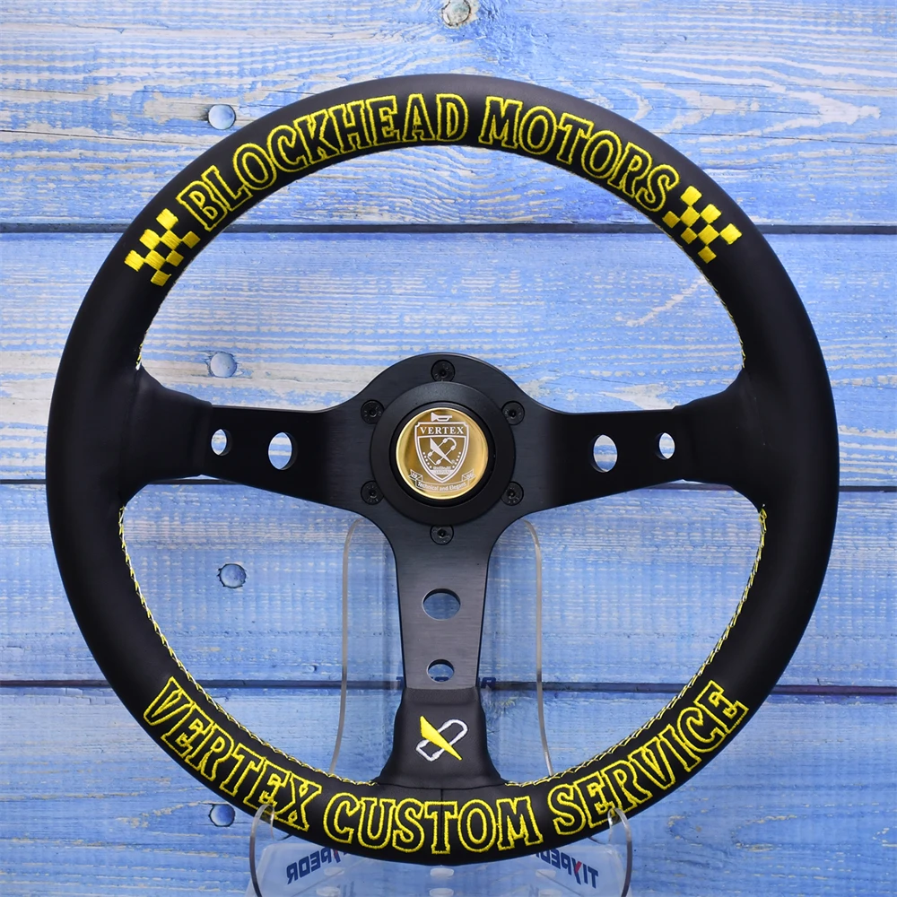VERTEX STE-BHS 330mm Racing Steering Wheel Black Leather Gold Embroidery Universal Steering wheels for American Vintage Style