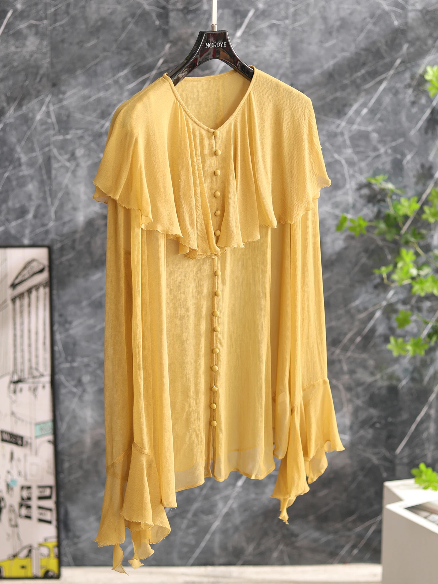 

French Provincial Gentle Sunlight Island Tailor-made Silk Chiffon Lace Trim Doll Collar Long Sleeve Shirt Women's Top