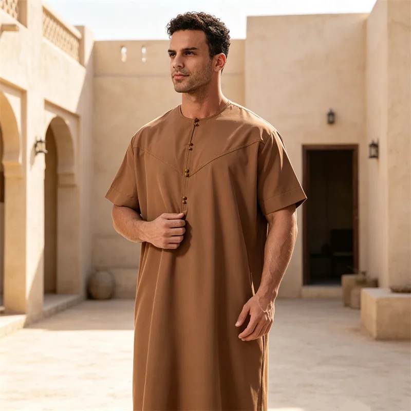 Saudi Arabic Robe Men Muslim Dress Abaya Short Sleeve Kaftan Islamic Clothing Ramadan Dubai Jubba Thobe Daffah Dishdasha Turkey