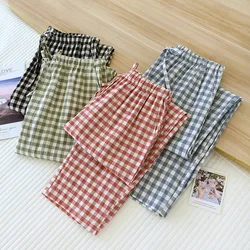 Japanese new spring and autumn couples 100% cotton cloth plaid trousers men and women large size home pants simple casual pants