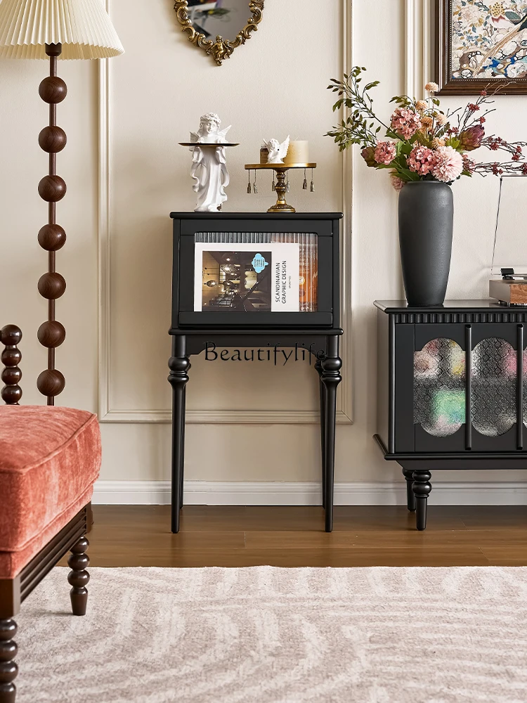 

French Retro Solid Wood High Side Table Black Vintage Living Room Bedside Storage Table