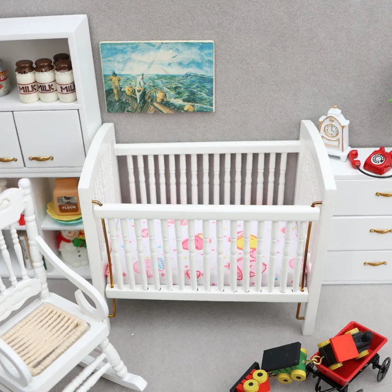 

1:12 Dollhouse Miniature Furniture Children's Room Pure White Baby Crib Strawberry Mattress Small Bed Doll House Accessories