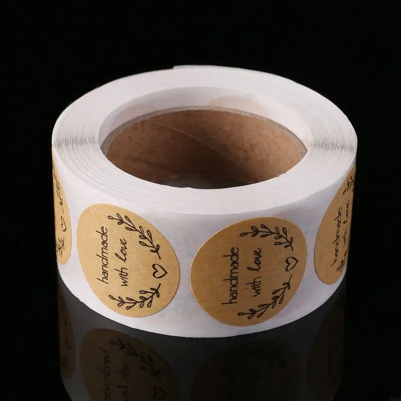 HX6D 500pcs Natural Handmade With Love Kraft Paper Stickers Round Adhesive Labels