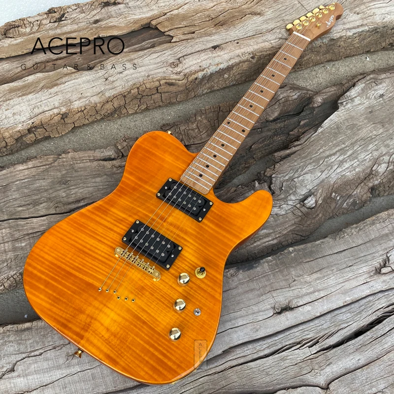 Acepro Electric Guitar, Yellow Flame Maple, Curved Top, Stainless Steel Frets, Mahogany Body, Roasted Maple Neck, Gold Hardware