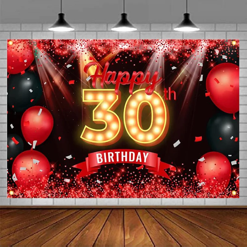 Photography Backdrop Red And Black Happy 30 Years Old 30th Birthday Background Banner Decorations For Women Men  Party Glitter