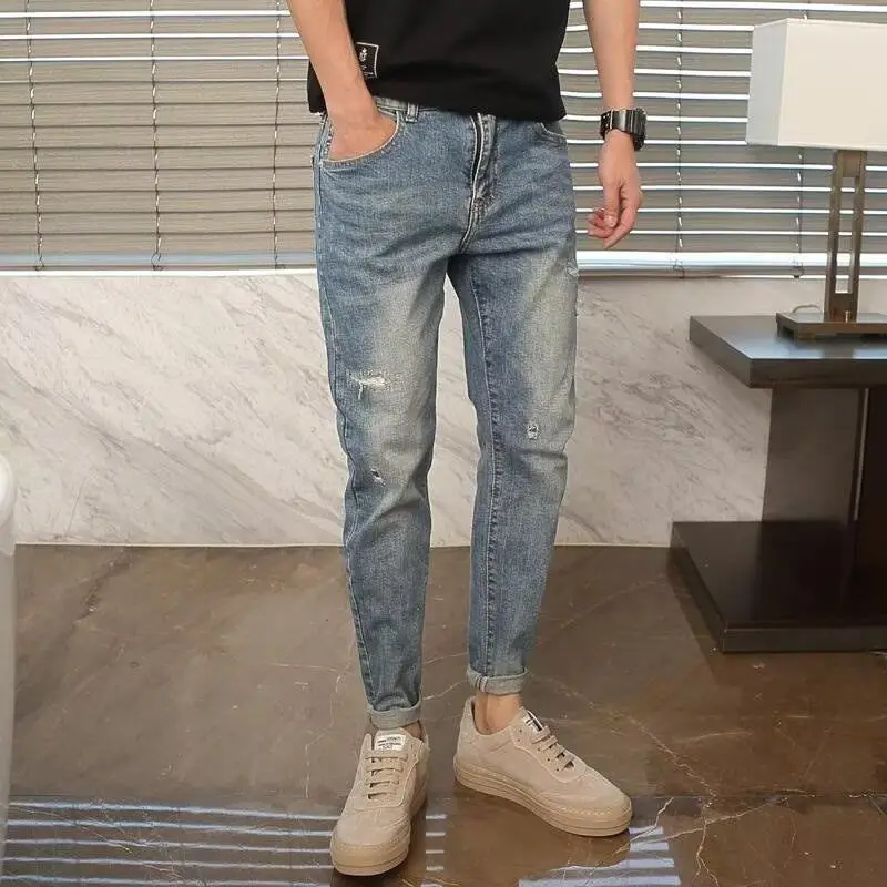 Designer Clothes Luxury Designer Casual Men\'s Jeans Spring Autumn Denim Pencil Pant Korean Loose Pants Ripped Hole Patch Jeans