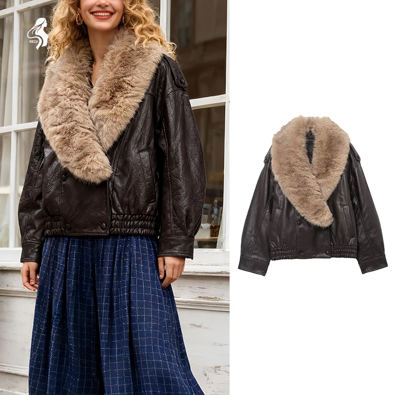

Винтажная коричневая куртка из искусственной кожи для женщин, короткое пальто с воротником из искусственного меха, повседневная уличная одежда"