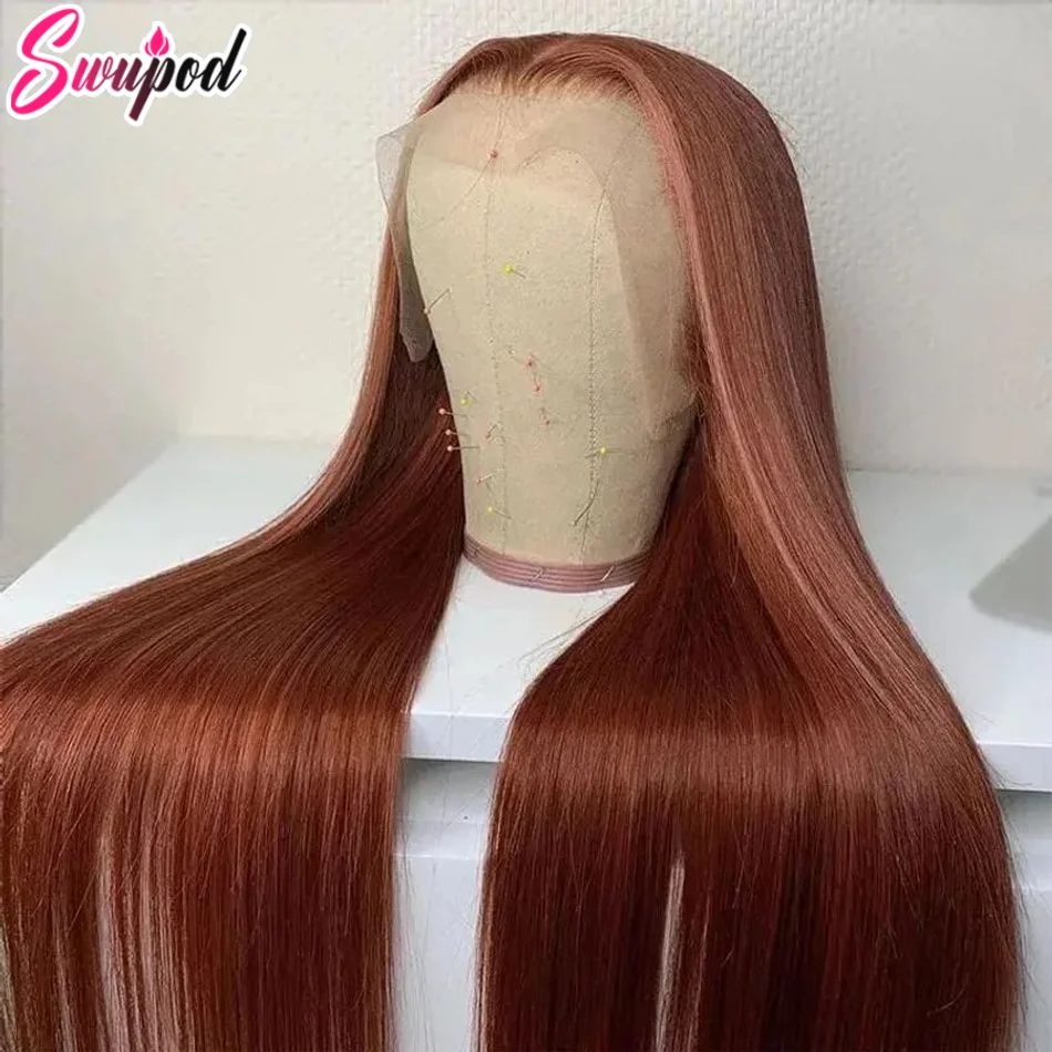 Swupod 13x4 13x6 200% Transparent HD Lace Front Wig for Women Straight Remy Frontal Human Hair 33# Reddish Brown Color Glueless