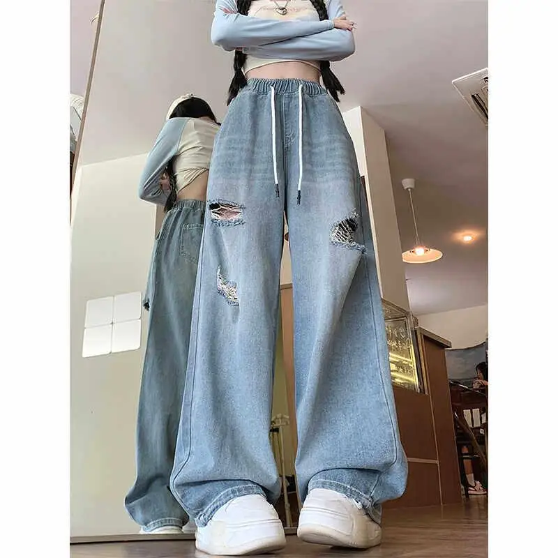 

Loose Straight Leg Hiphop Denim Jeans Men Women Street Style Torn Casual High Waist Summer Fashion Youth Trend Loose Wide Leg...