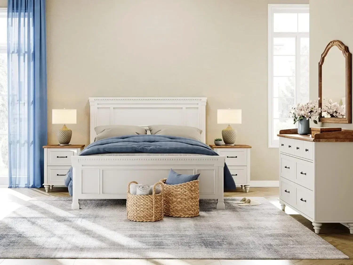 

3 Piece Dresser and Nightstand Sets, White Dresser & Chests of Drawers with 6 Drawers and Metal Handle