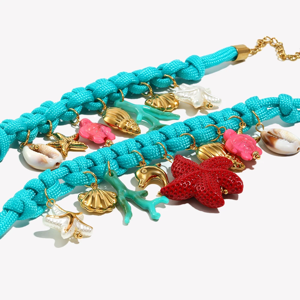 E.B.belle Bright Blue Woven Rope Marine Element Pendant Necklace And Bracelet Shell Conch Red Starfish Dolphin Jewelry Set