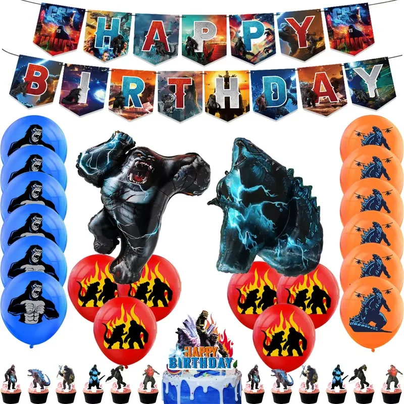Monster Godzilaed Vs King Konged عيد ميلاد سعيد الديكور لوازم الحفلات بالونات راية خلفية كعكة توبر كأس لوحة منديل #1