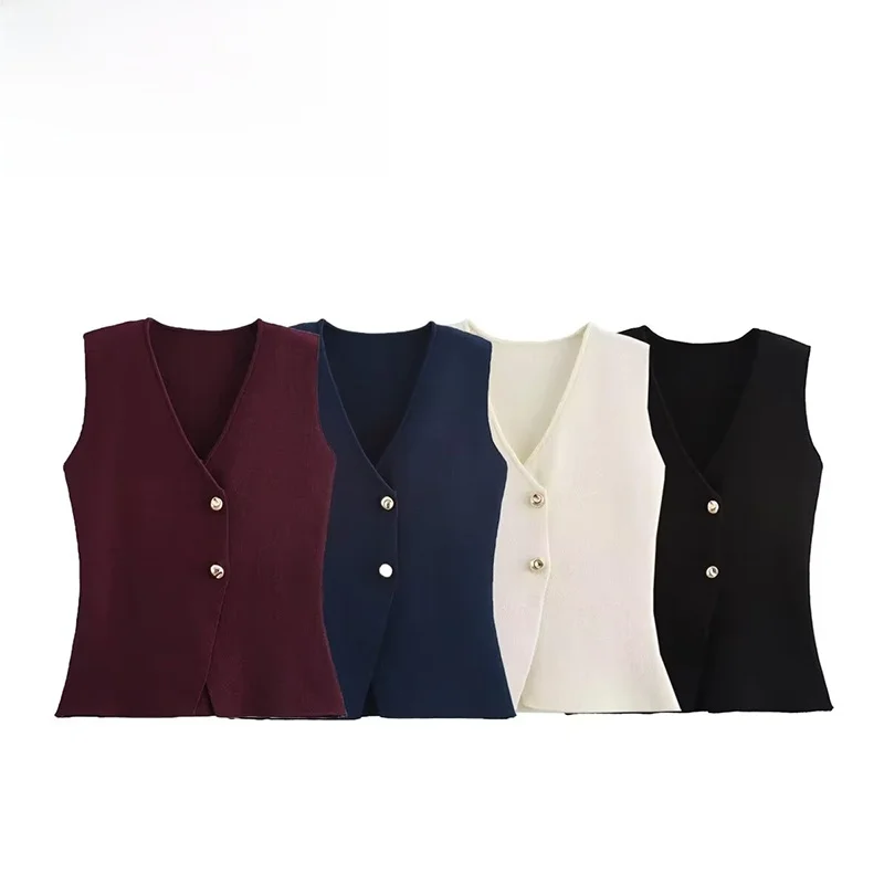 

ZAZB Autumn New Women's Faion Design Knitted Vest with Four Colors Golden Buttons Versatile V-Ne Polyester Fiber