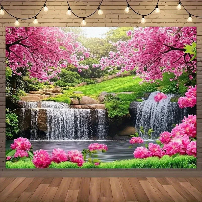 cherry blossom tapestry pink sakura trees over waterfall serene garden landscape nature wall art for yoga studiomeditation space
