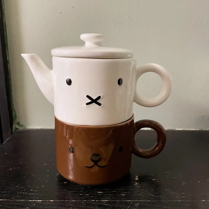 

Retro cute rabbit shaped ceramic teapot mug set with teddy bear coffee cups suitable for family kitchen and friends as gifts