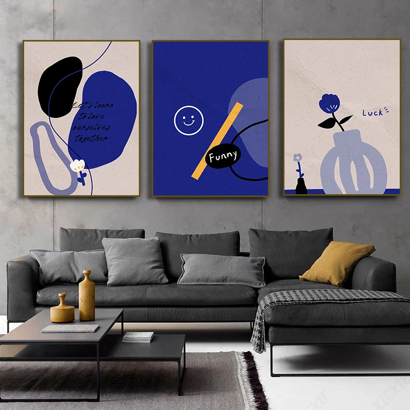 Nordic Cute Duck Klein Blue Abstract Line Smiling Face Flower Canvas Painting Posters Wall Art Prints Minimalist Room Decor