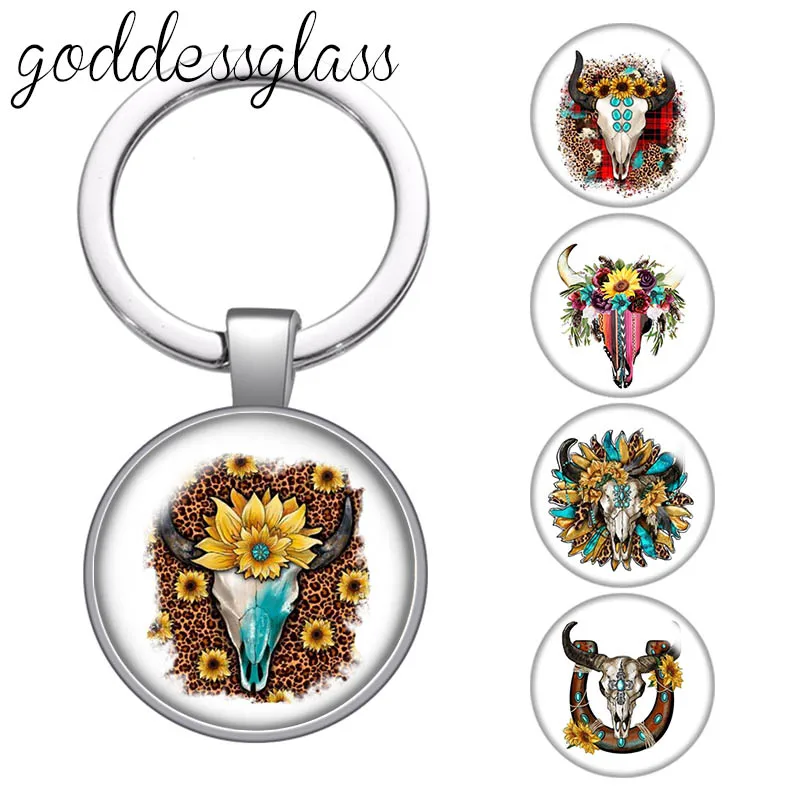 New Sunflowers Bull Skull fashion Gift glass cabochon keychain Bag Car key chain Ring Holder Charms keychains gift