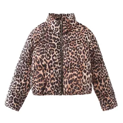 TRAF 2024 Autumn/Winter New Product Women's Casual Versatile Stand Collar Long Sleeve Leopard Print Thick Cotton Coat