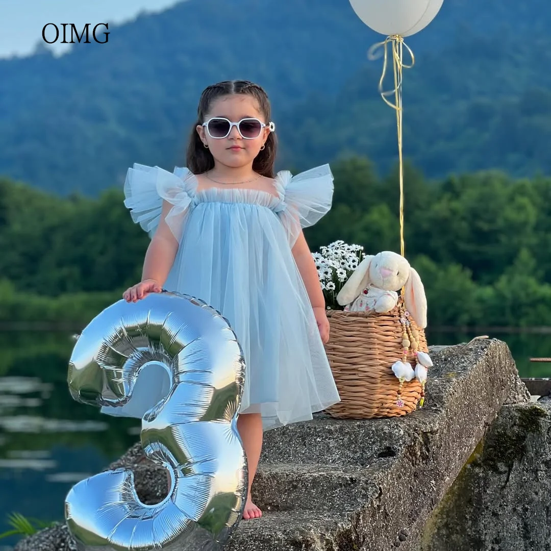 OIMG Sky Blue A-line Flower Girl Dresses Square Neck Mesh Wedding Party Gown Knee Length Birthday Dress Customized