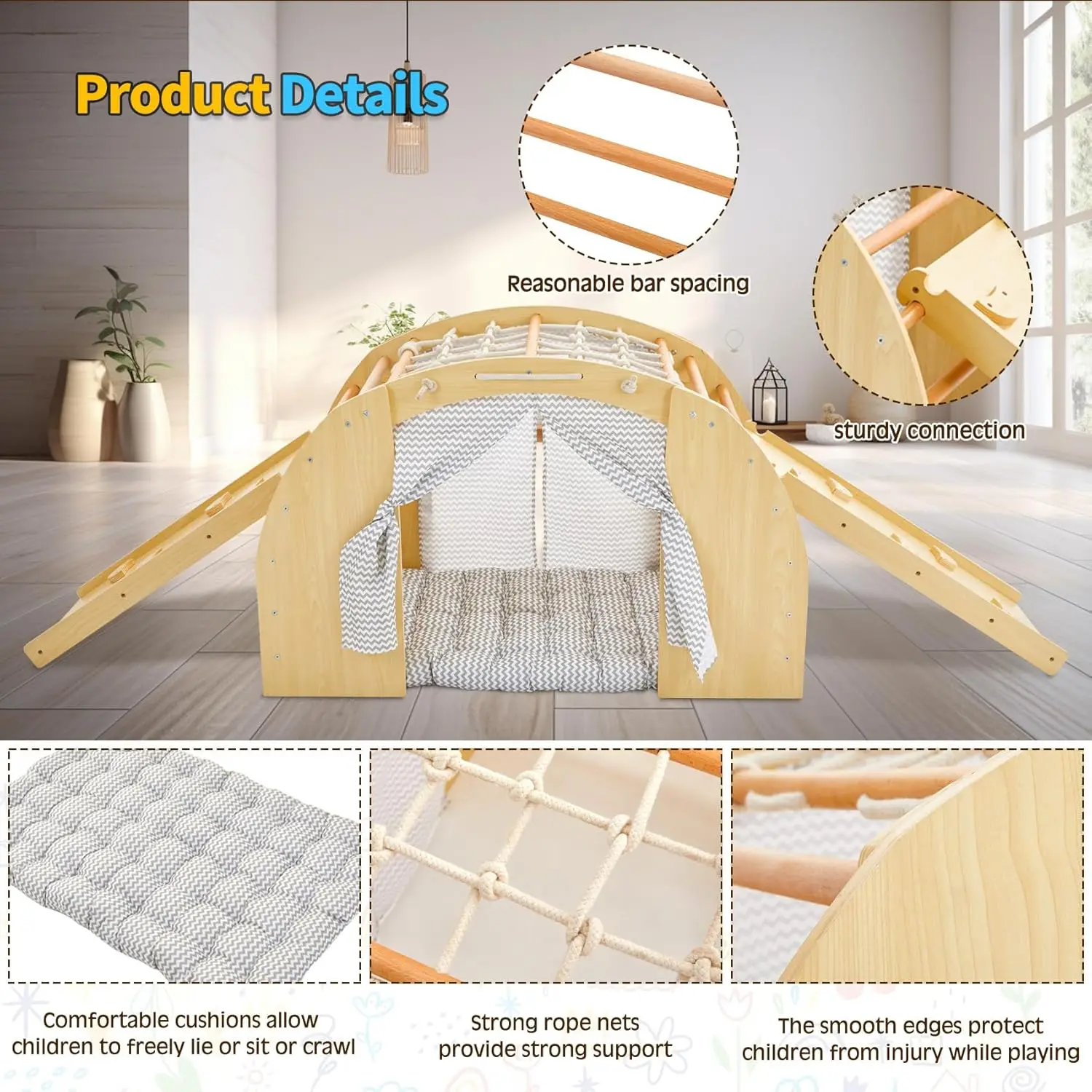 Jouets d'escalade pour tout-petits, 1 grimpeur d'arc avec 2 rampes pour coulisser ou monter, maison de gymnastique de jeu en bois d'intérieur avec coussin de tente et faire