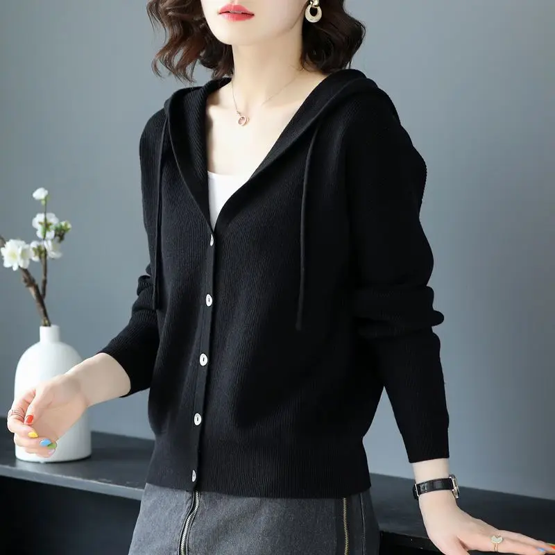 Casual Fashion Hooded All-match Knitted Cardigan Sweaters Women\'s Clothing 2022 Autumn New Solid Color Button Loose Korean Tops