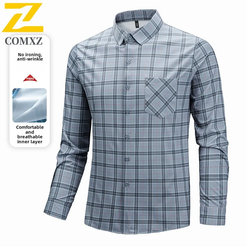 Men's 100% Cotton Long Sleeve Shirt - Business Casual Wrinkle-Free Loose Fit Checkered Workwear Style with Functional Pockets