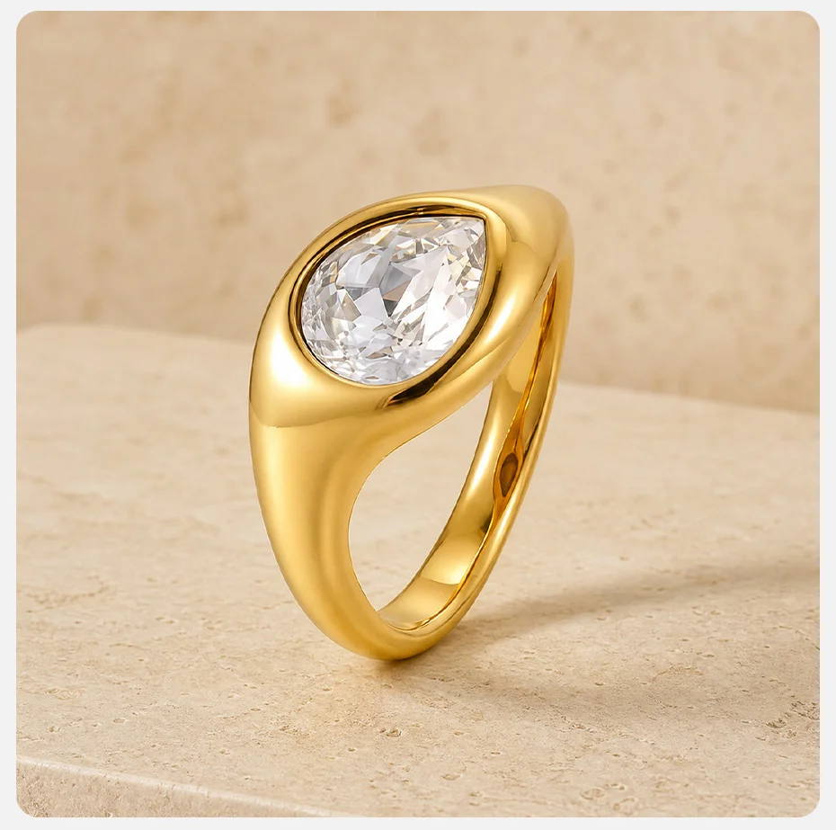Vnox Eleganter Wassertropfen-CZ-Ring für Damen, Edelstahl, vergoldet, AAA-glänzender Zirkonia-Statement-Ring, Alltagsschmuck – Detail 5