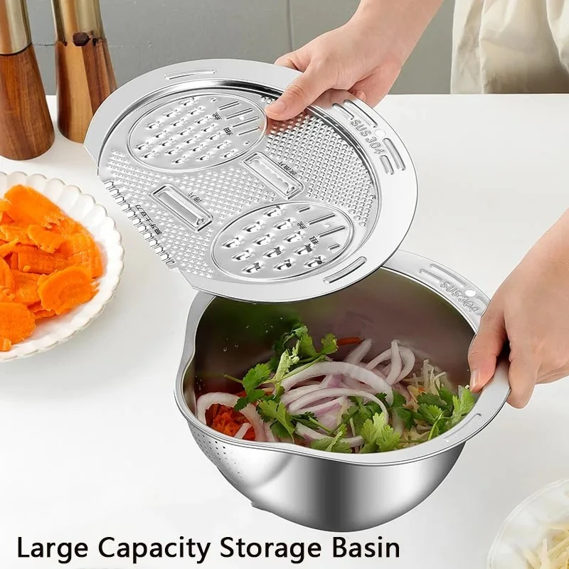 

Thickened 304 Stainless Steel Rice Washing Basin Rice Washing Sieve Household Kitchen Drain Basin Vegetable Basin Fruit