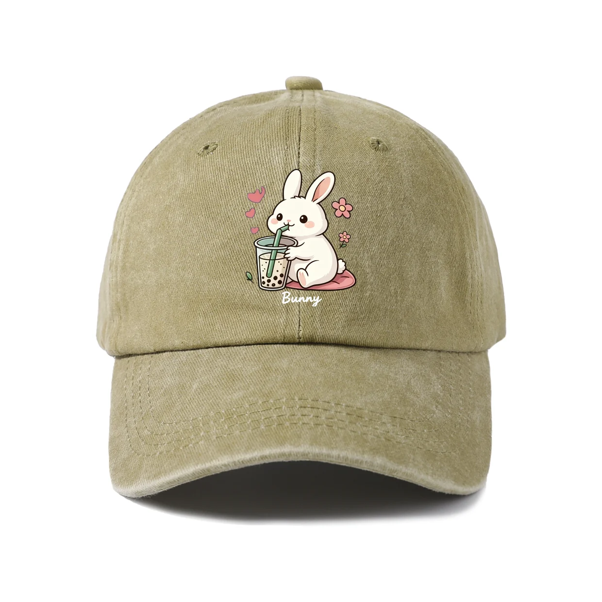 Vintage Washed Bunny Bubble Tea Graphic Baseball Cap, Adjustable Unisex Dad Hat, Cute Boba Lover Gift