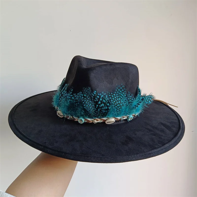 Big brim women's suede leather 9.5cm wide Brim Fedora hat men's autumn and winter felt hat face leather Fedora Sombrero