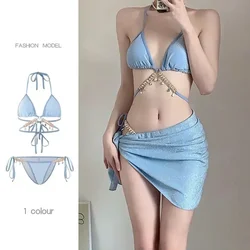 Modny trzyczęściowy zestaw Bikini z łańcuszkiem Xianqi niebieski kostium kąpielowy seksowny eleganckie lato na wakacje strój kąpielowy Femme