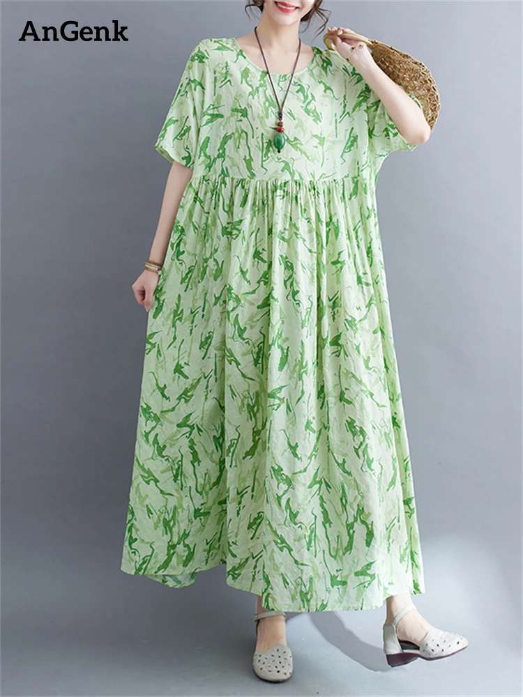 

Oversize Cotton Short Sleeve Green Print Vintage Summer Dresses Women 2023 Casual Loose Long Dress Femme Robe Elegant Clothing