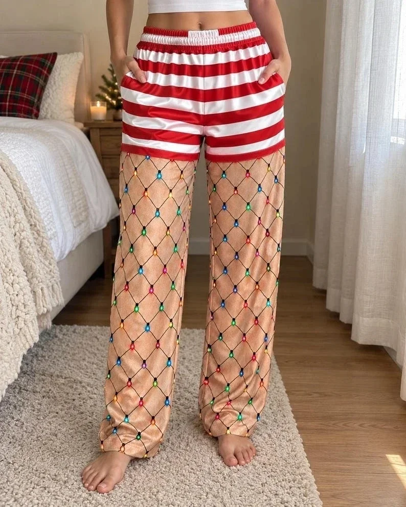 Fun wide pants for men and women, imitation fishing net print, Christmas elf role-playing pants, Christmas family gathering
