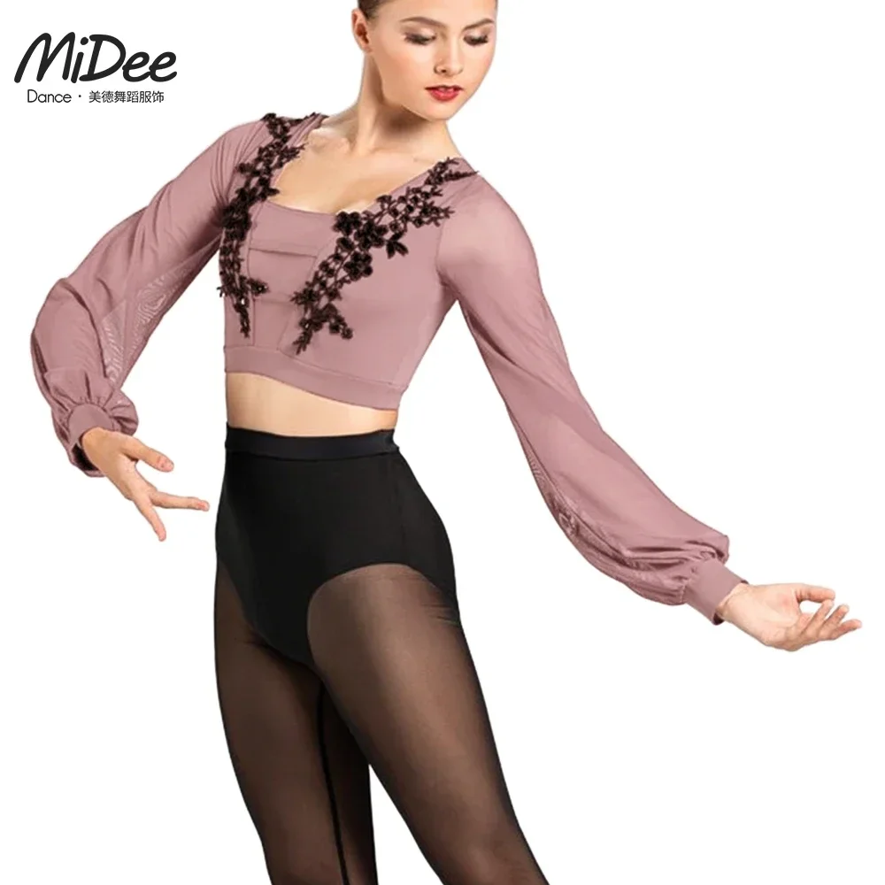 

MiDee современные топы для балета и танцев для взрослых, сетчатое пальто с длинными рукавами и пышными колокольчиками, костюм для соревнований по танцу живота для девочек и женщин