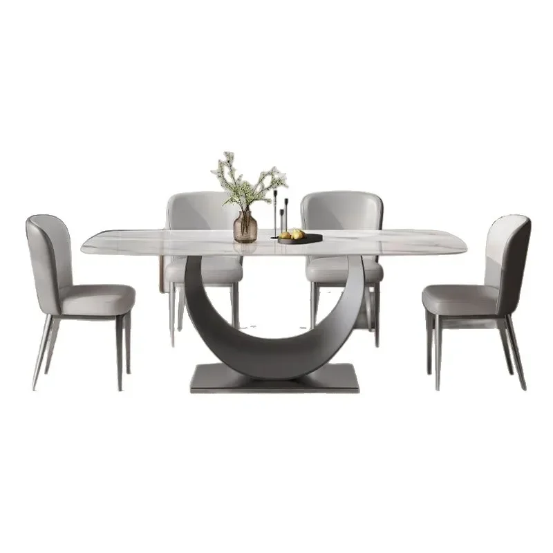 Light luxury Italian style, high-end bright rock slab dining table and chair combination modern simple small apartment household